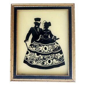 Vintage Silhouette Framed "Colonial Courtship" Reverse Painted Glass Art Decor